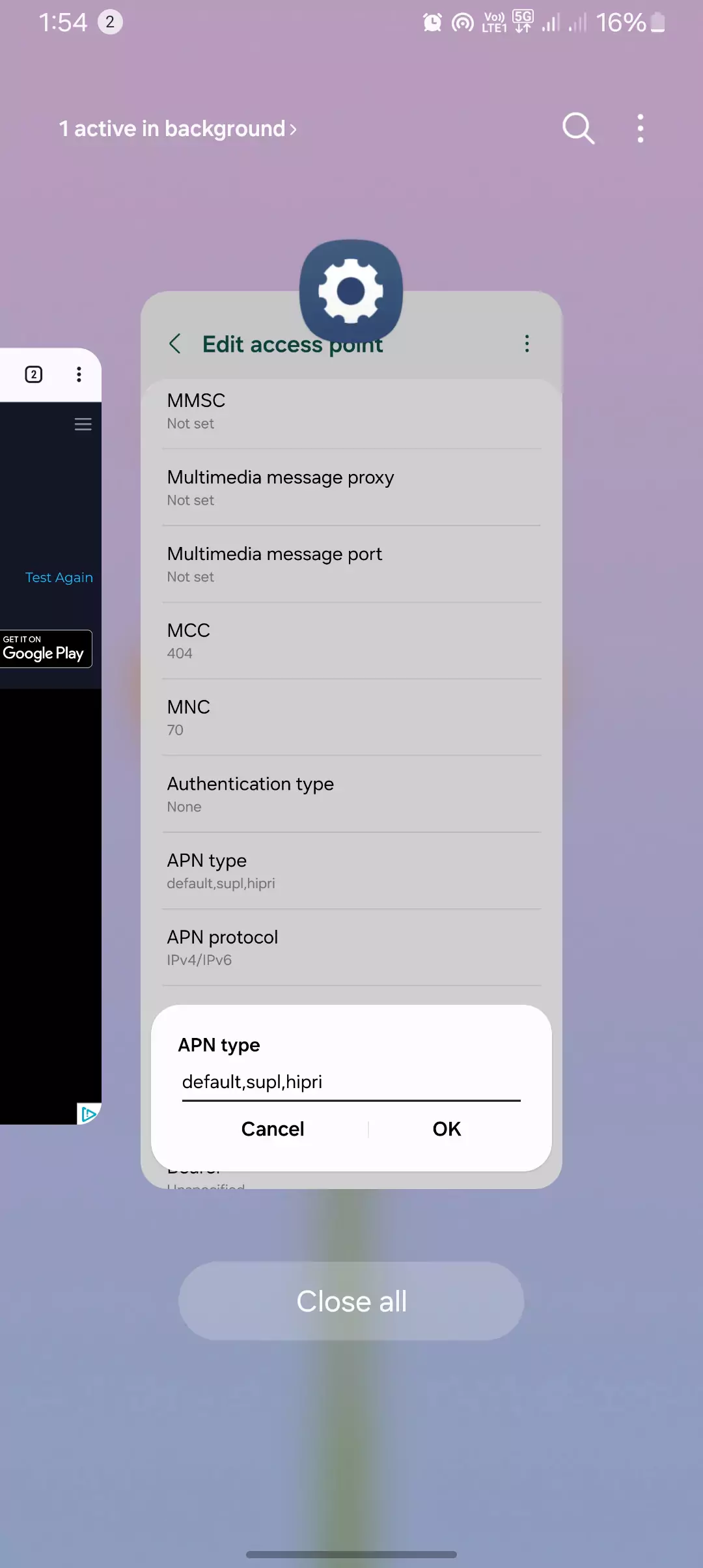 screenshot of adding 3 apn types in settings