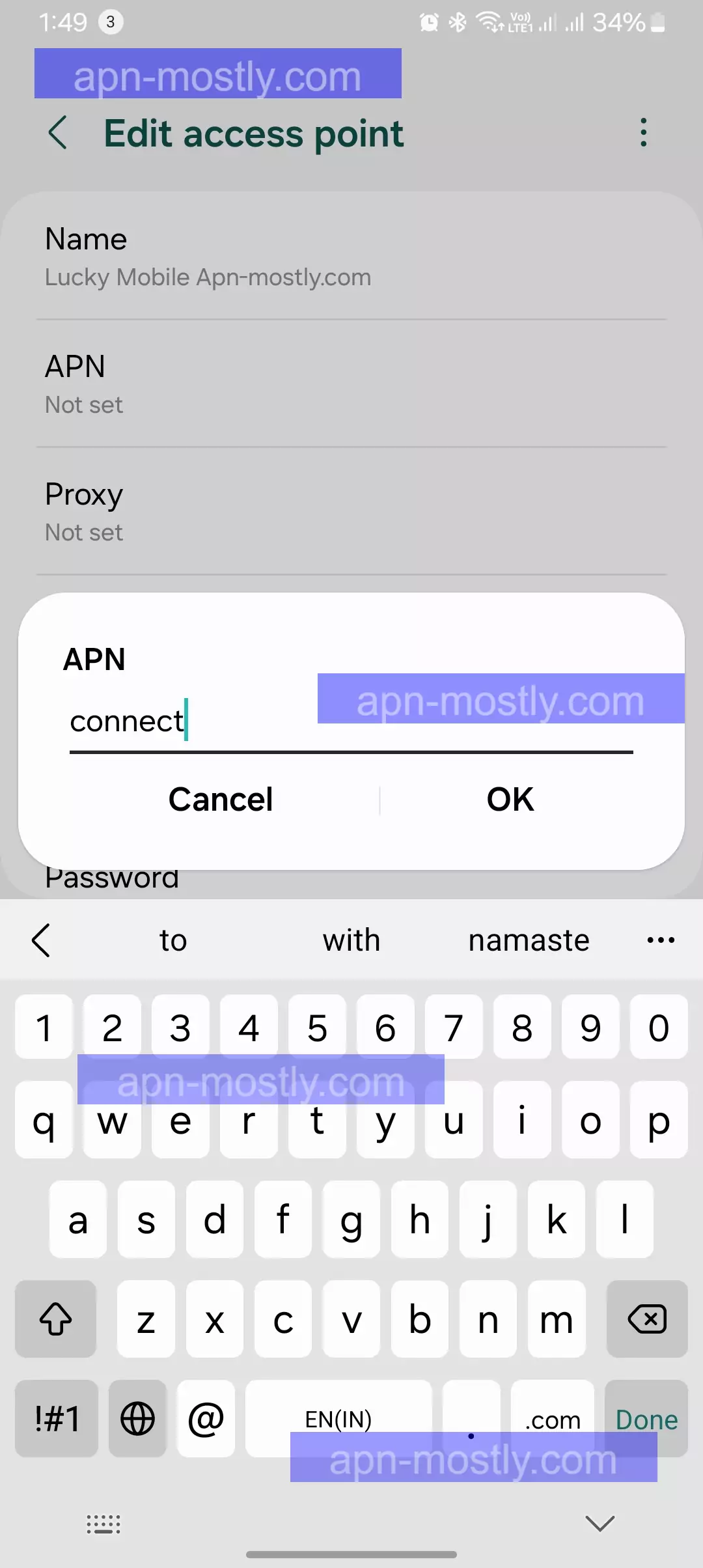 screenshot of adding the apn value into the internet congif for lucky mobile