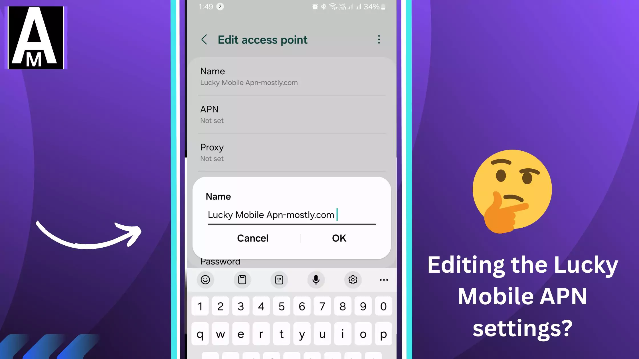 screenshot of lucky mobile apn editing with thinking emoji