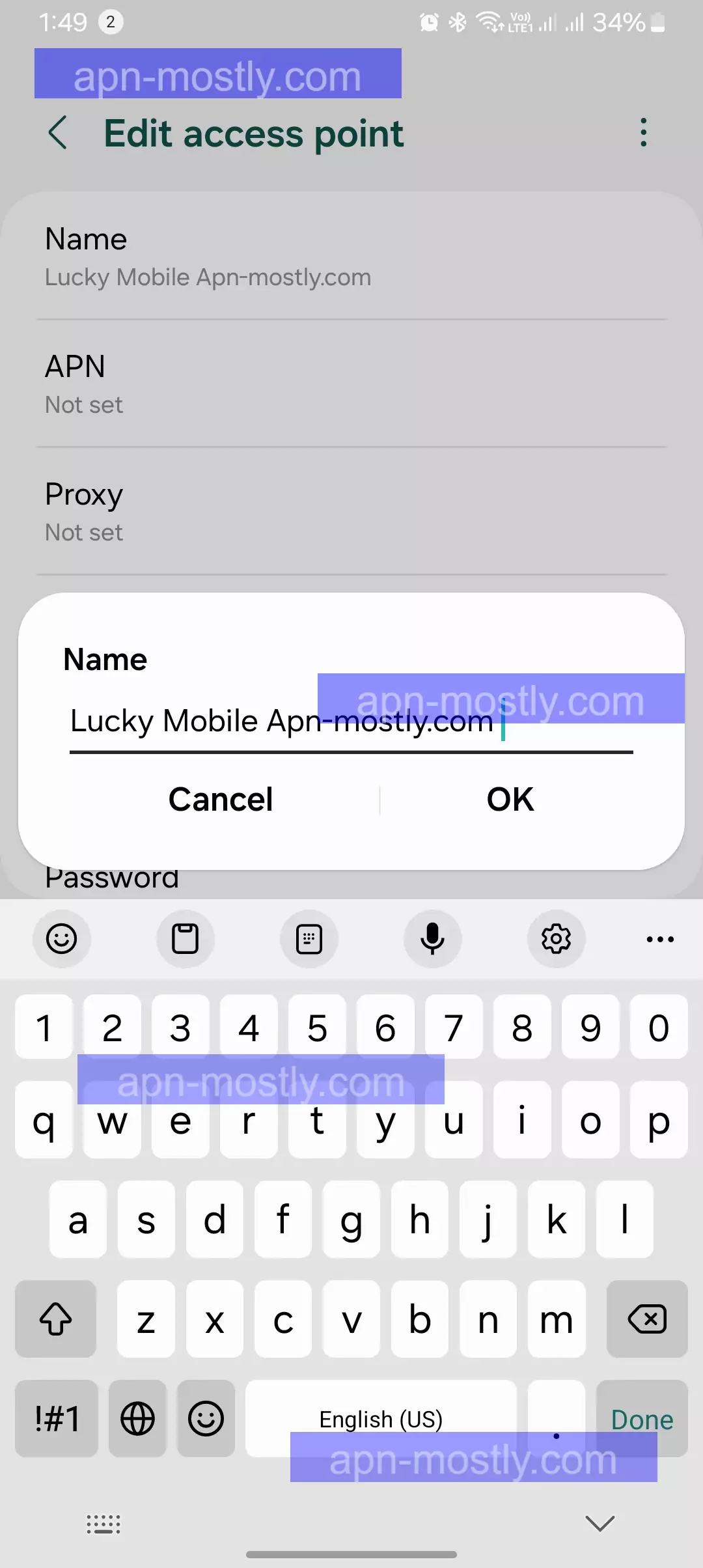 screenshot of lucky mobile apn for internet