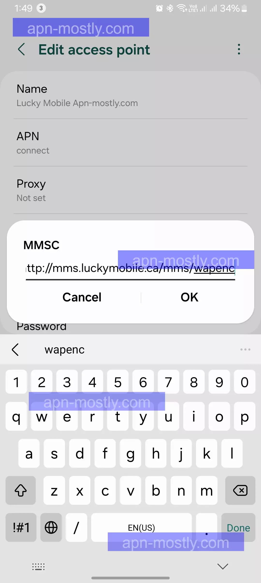 screenshot of mmsc on android in apn for lucky mobile