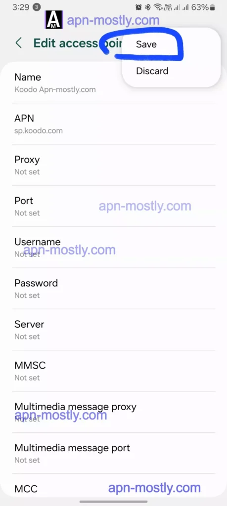 screenshot of saving the apn settings for koodo internet