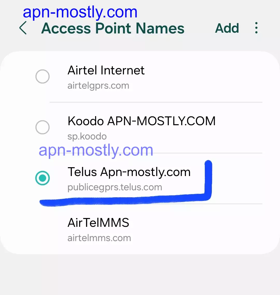 screenshot of telus apn mostly.com highlighted