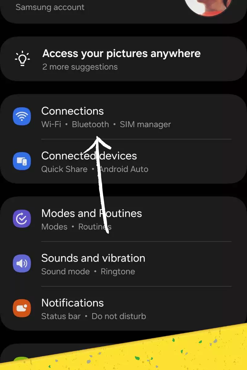 connections from settings highlighted