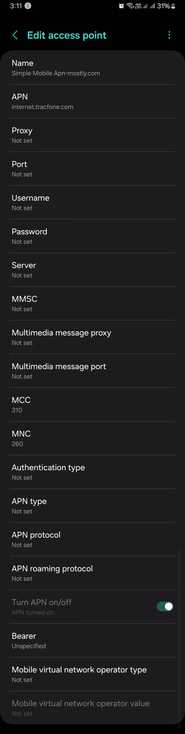 full screenshot of complete internet settings for simple mobile