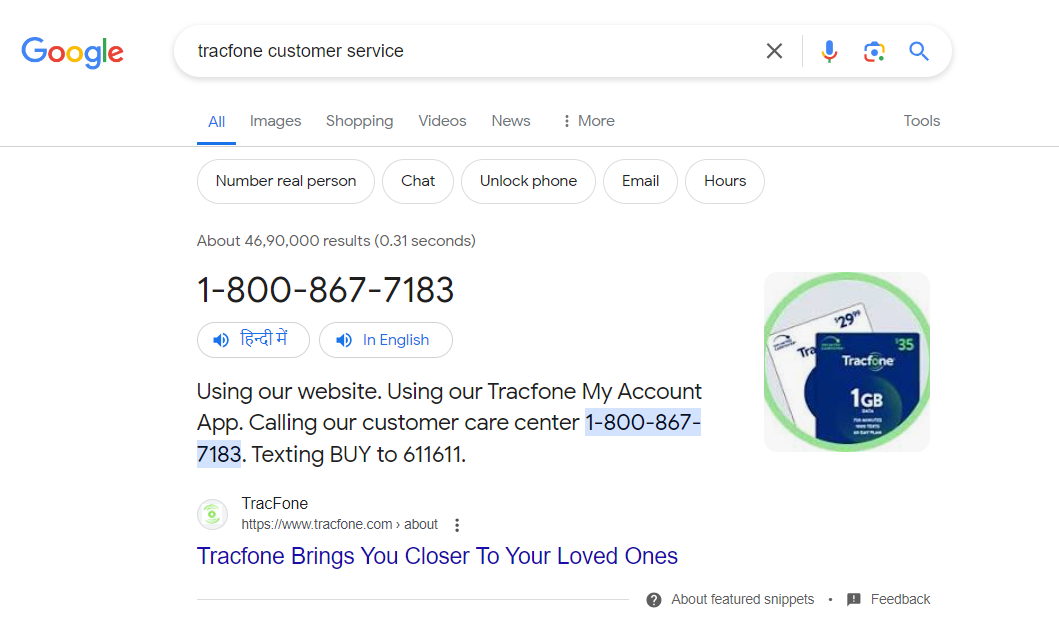 Tracfone customer service from google search screenshot