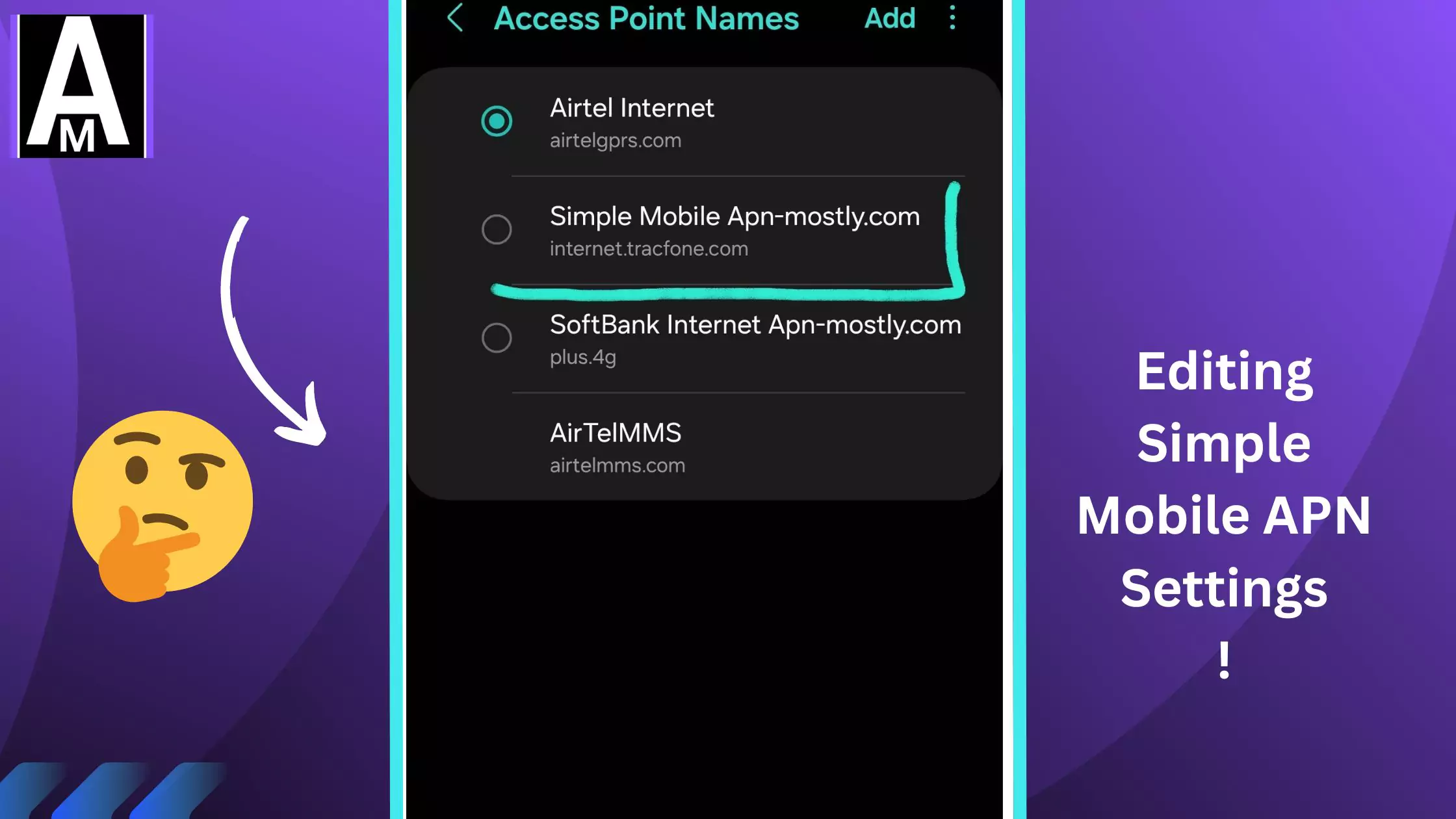 screenshot of editing the access point names for simple mobile with thinking emoji