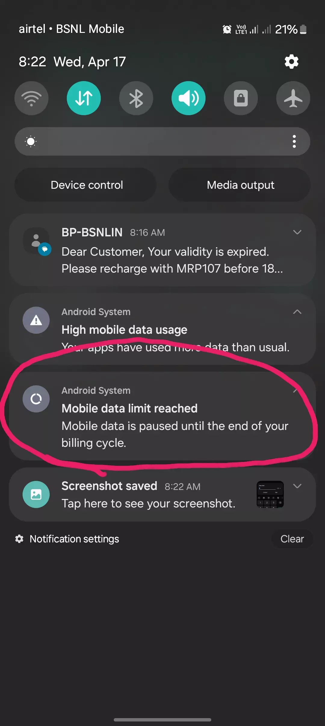 screenshot of mobile data limit reached