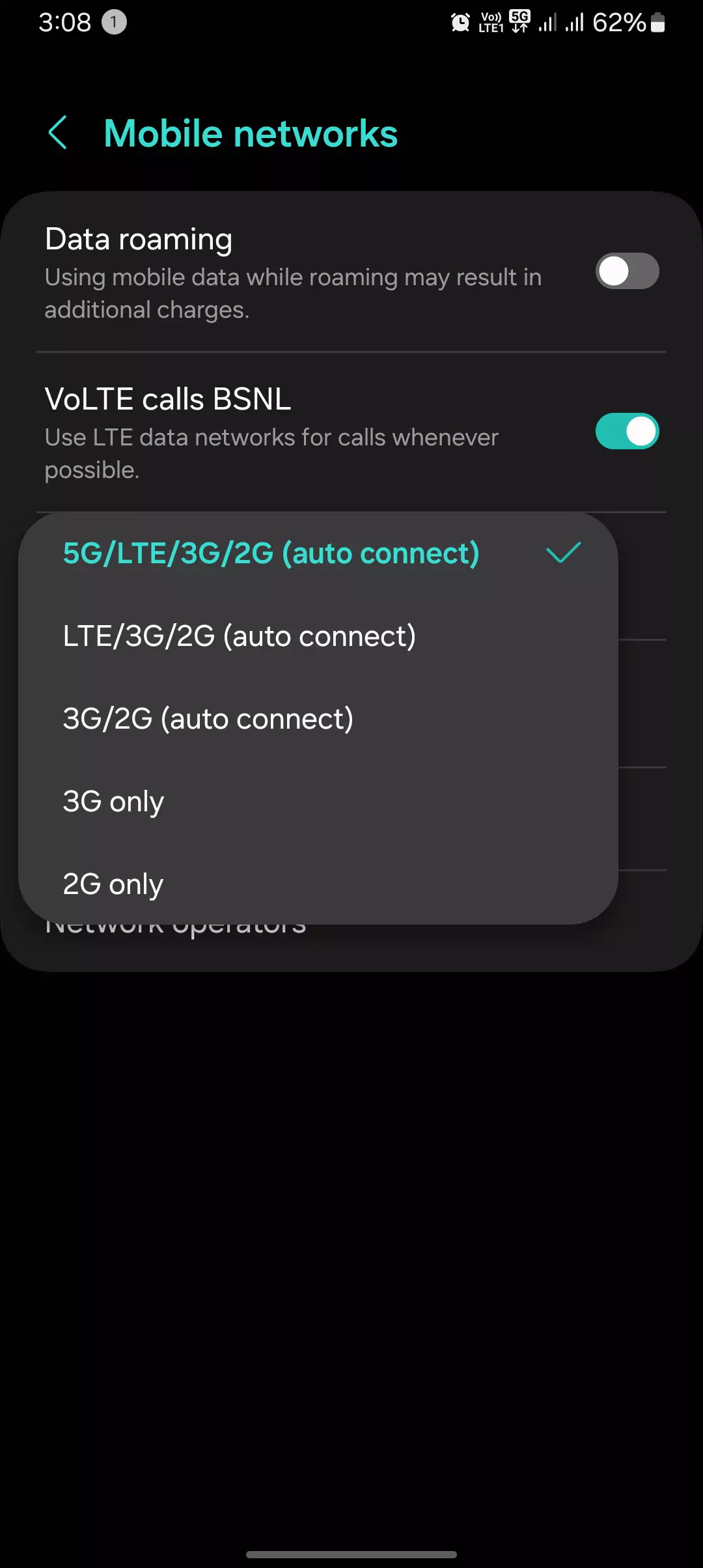 screenshot of network selection with 5g, lte, 3g, and 2g GPRS
