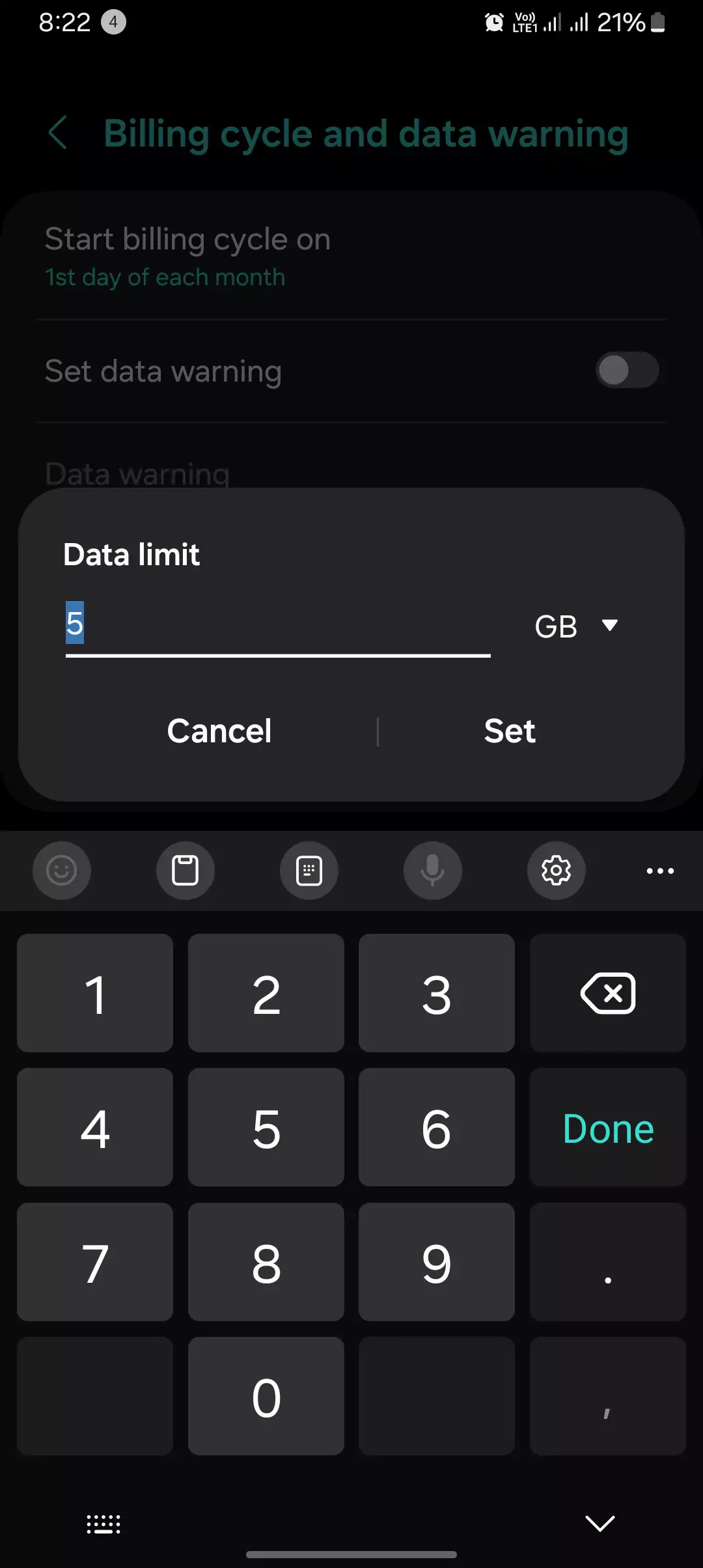 screenshot of setting data limit