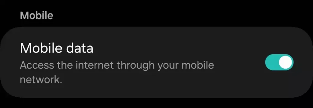screenshot of turned on mobile data