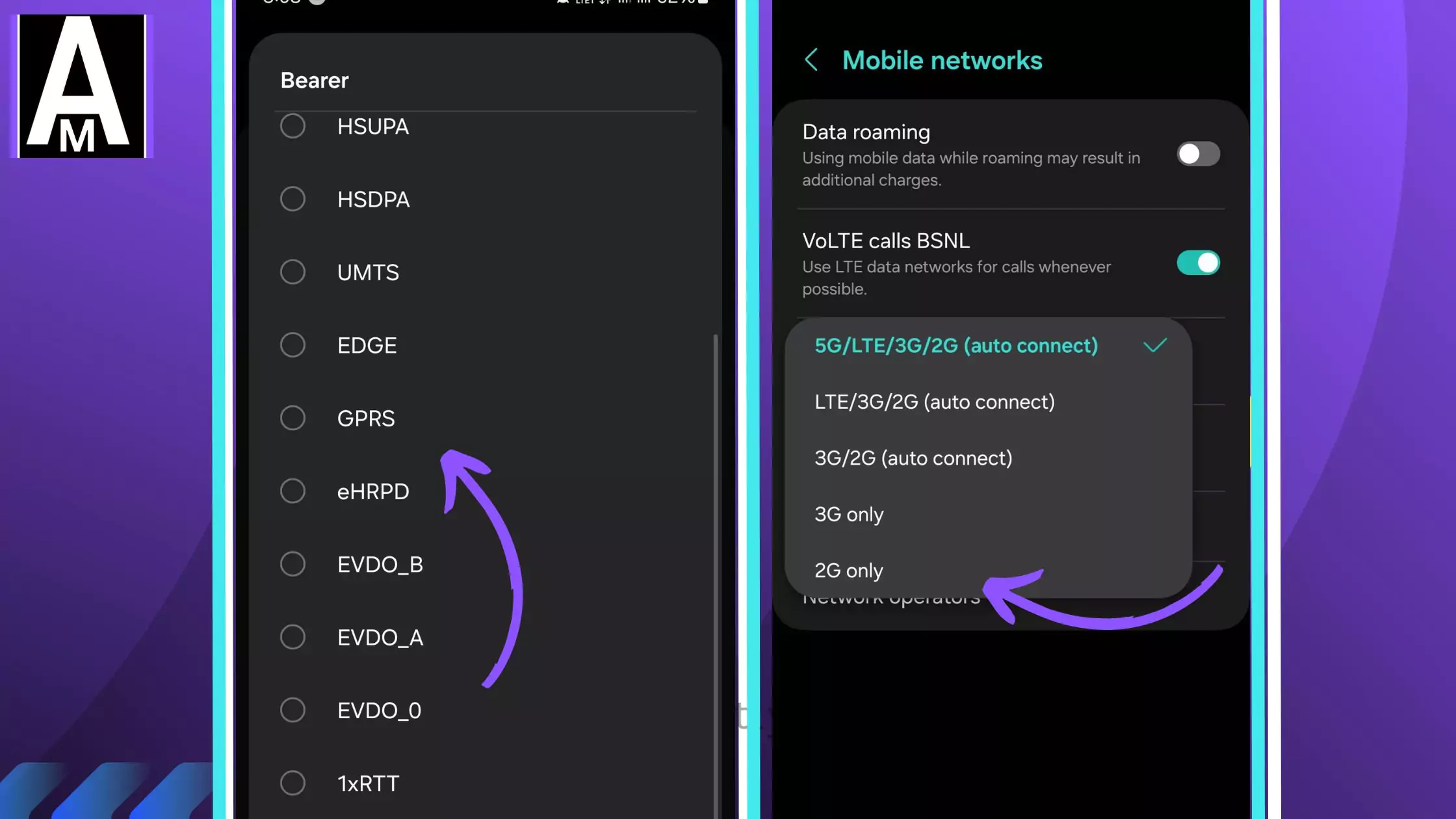screenshots of GPRS from bearer and network selection mode