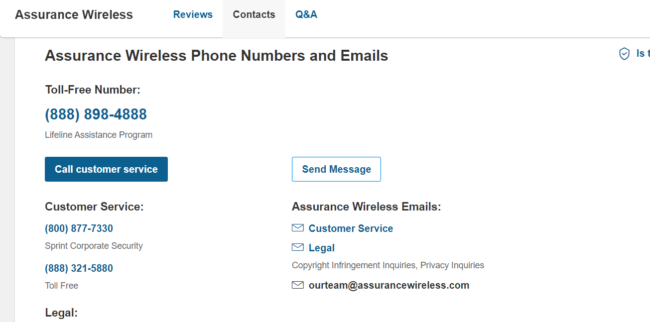 assurance wireless phone contact number and emails screenshot