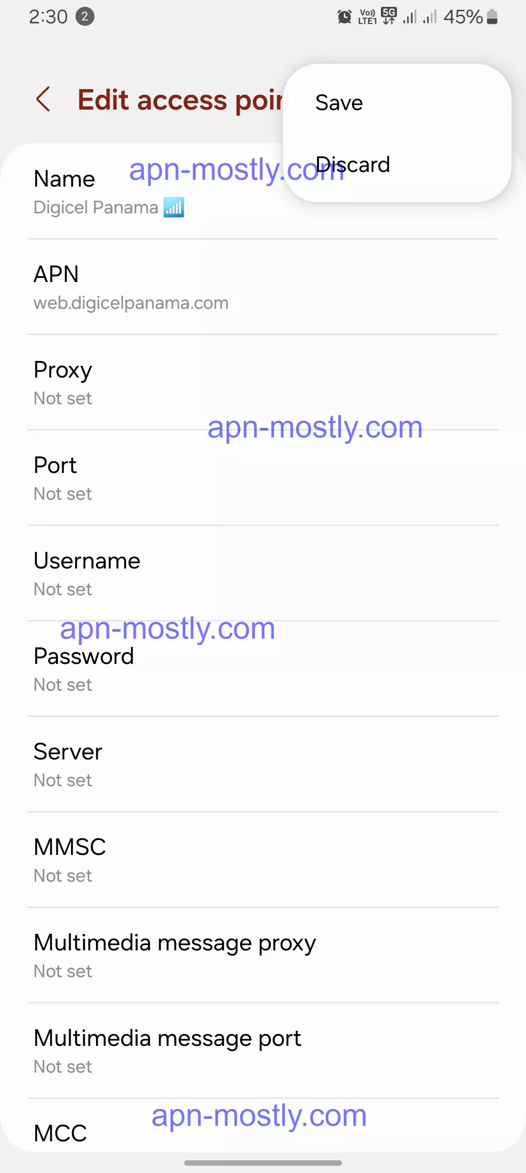 screenshot of saving digicel internet settings