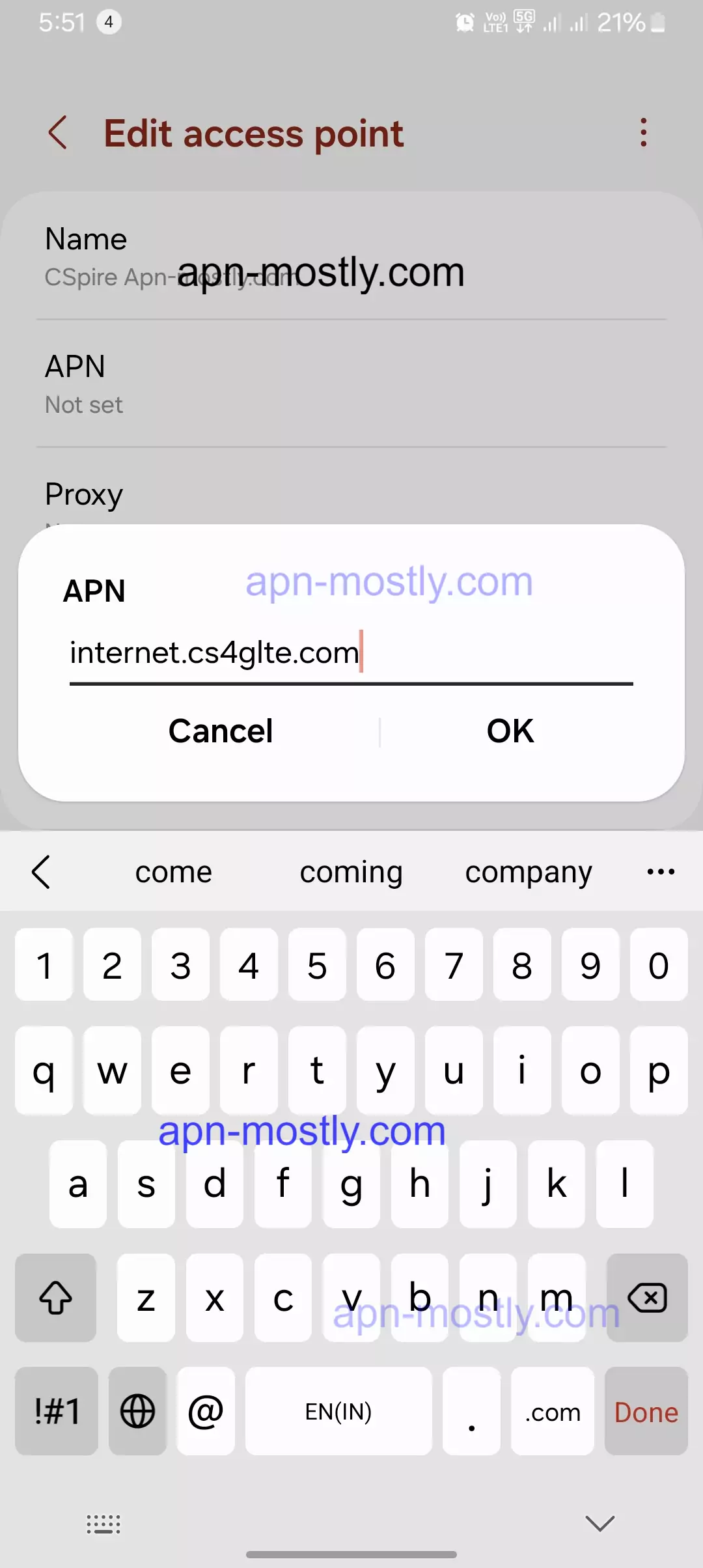 screenshot of adding the APN into field of Cspire