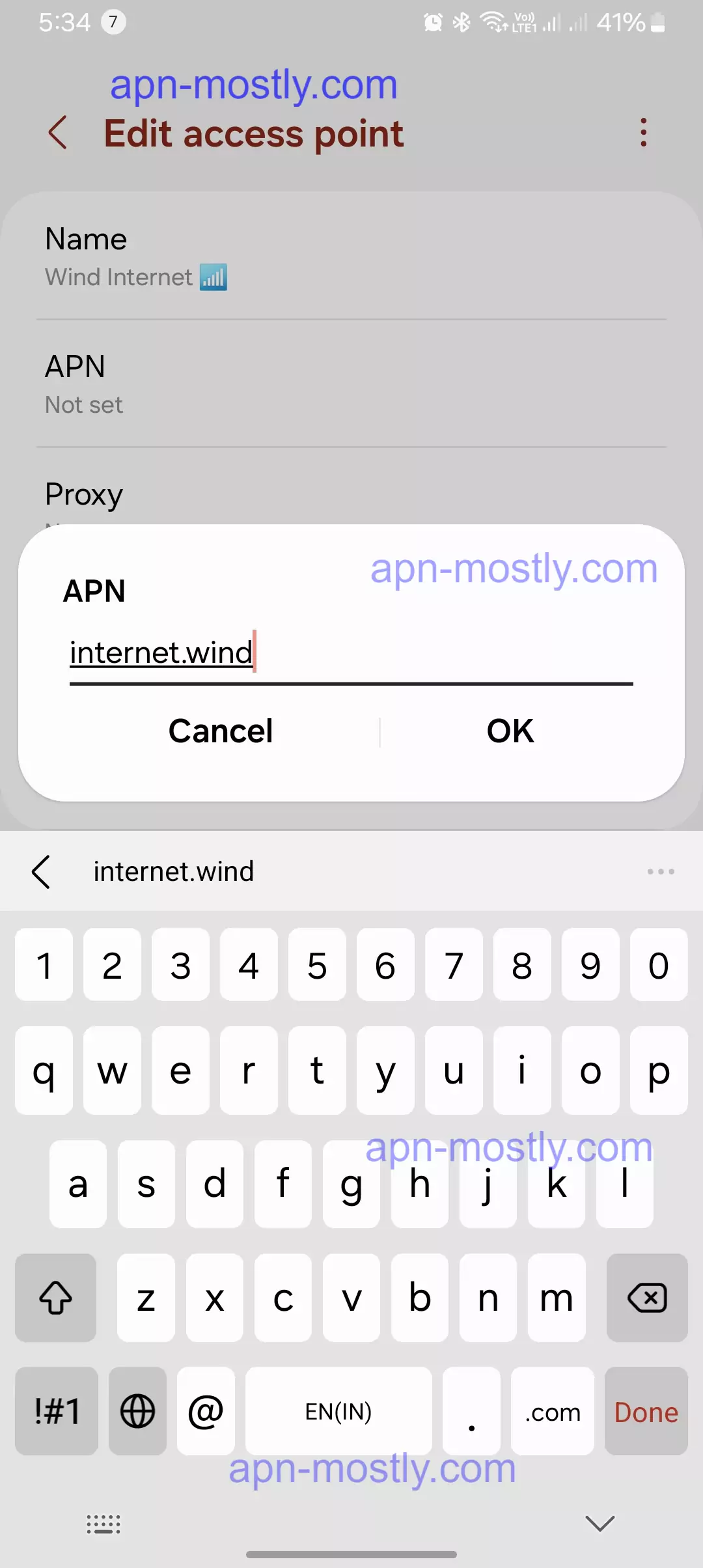 screenshot of adding the apn field for wind