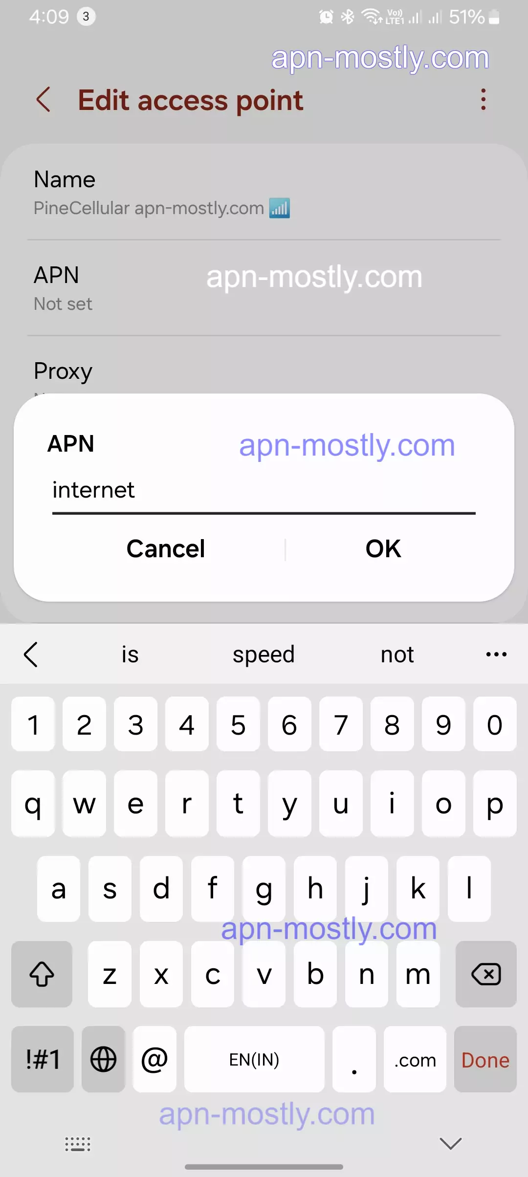 screenshot of adding the apn value into the pinecellular