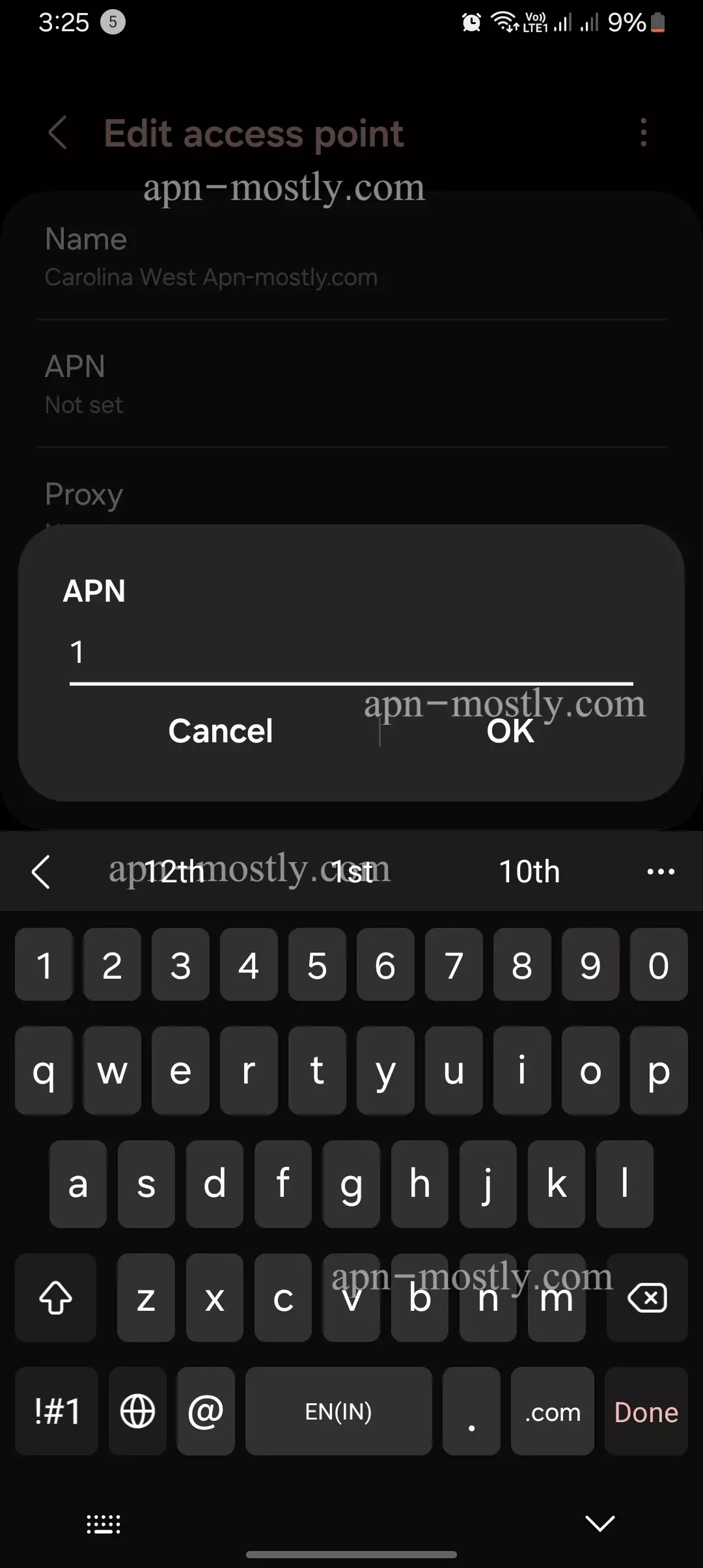 screenshot of adding the apn values for carolina west