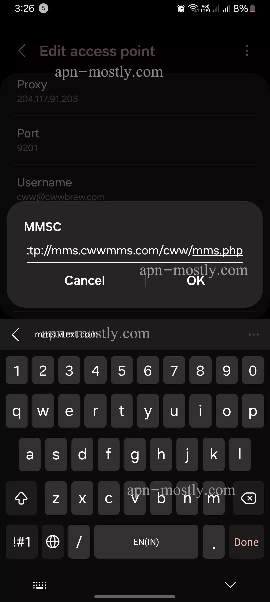 screenshot of adding the mmsc value for carolina apn