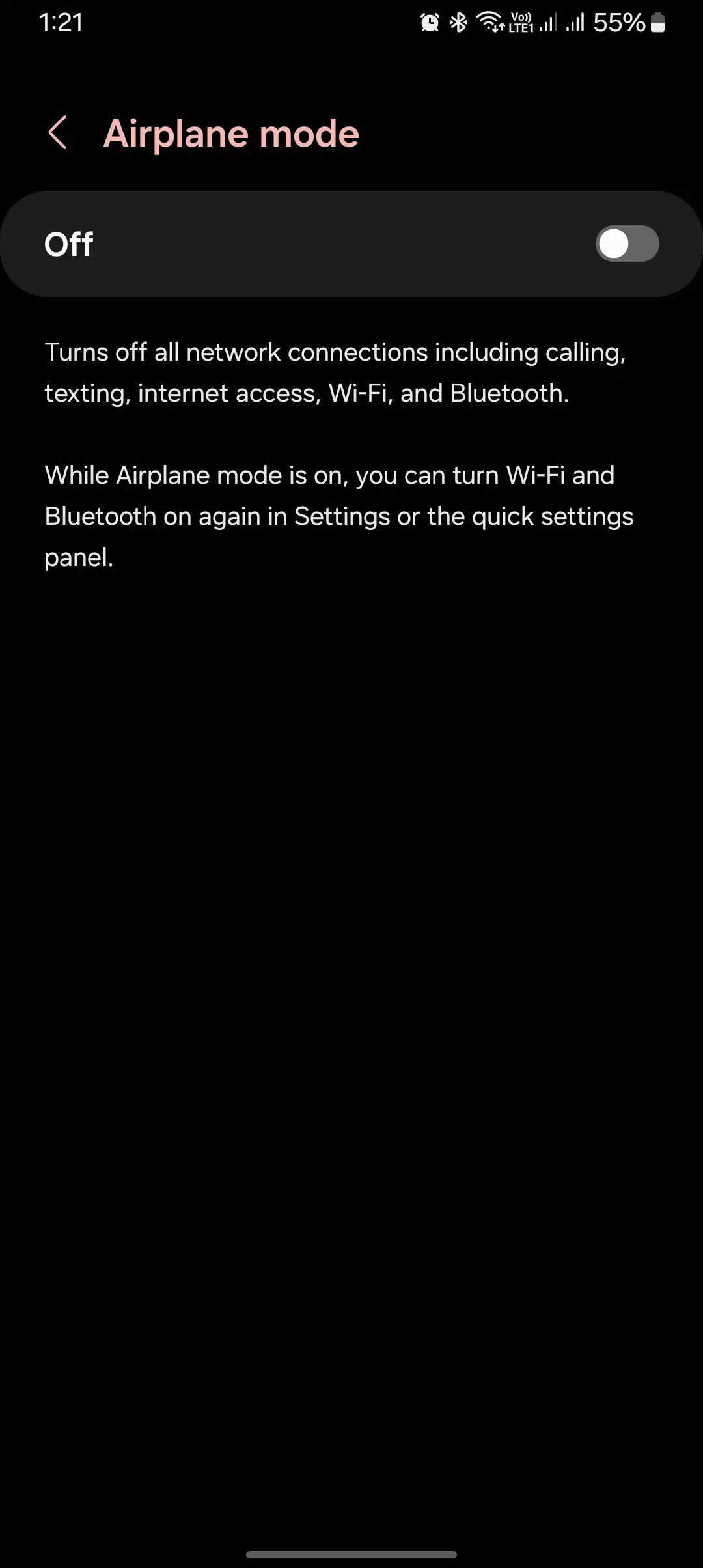 screenshot of airplane mode menu