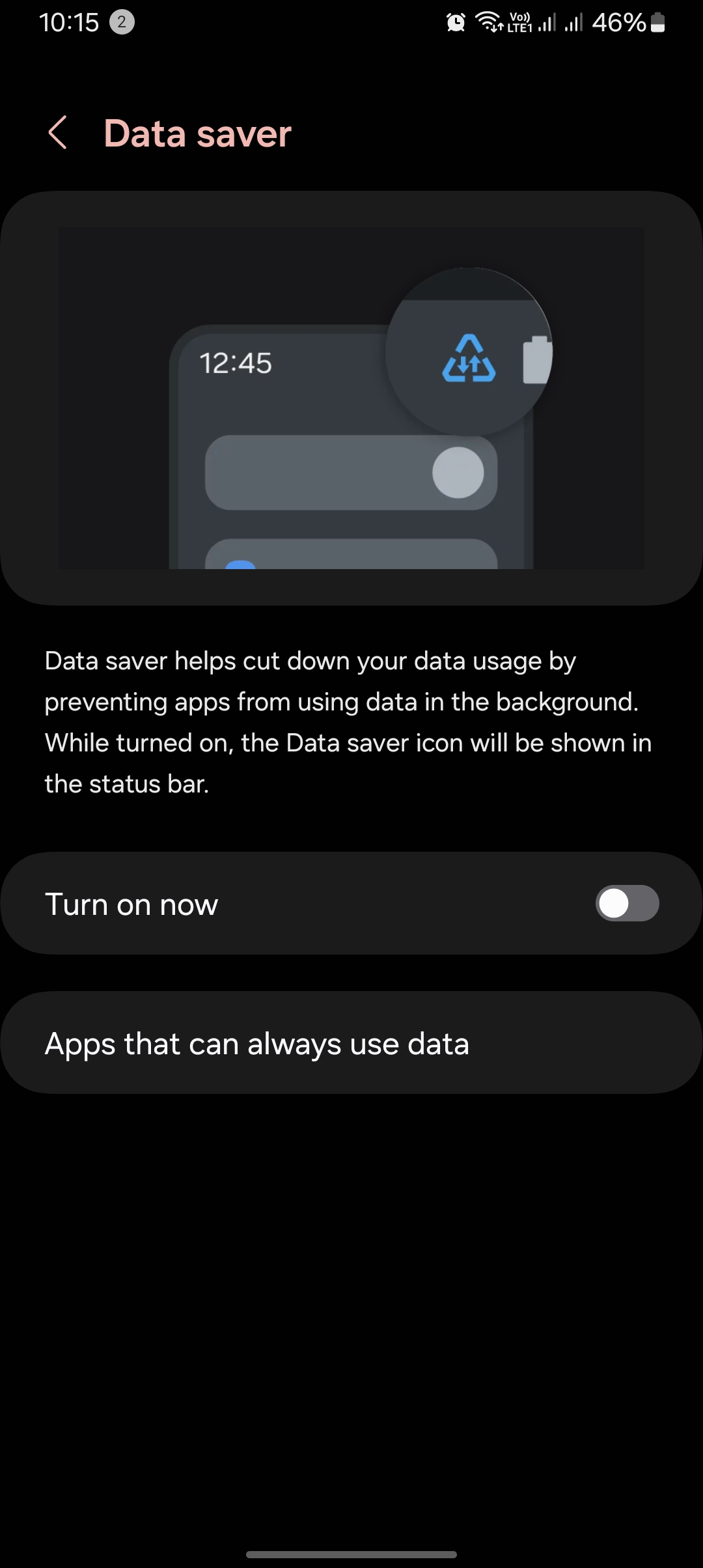 screenshot of data saver from samsung