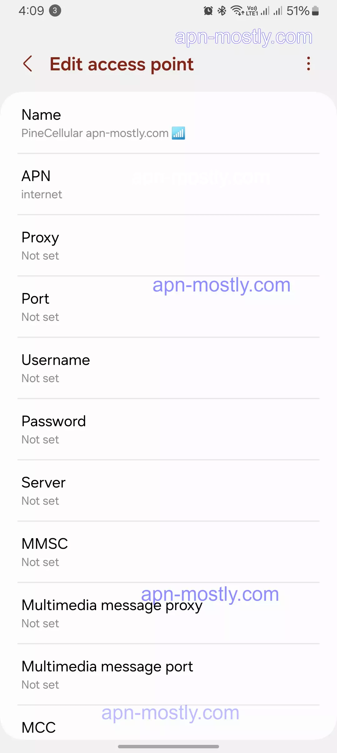 screenshot of full configured apn for pinecellular