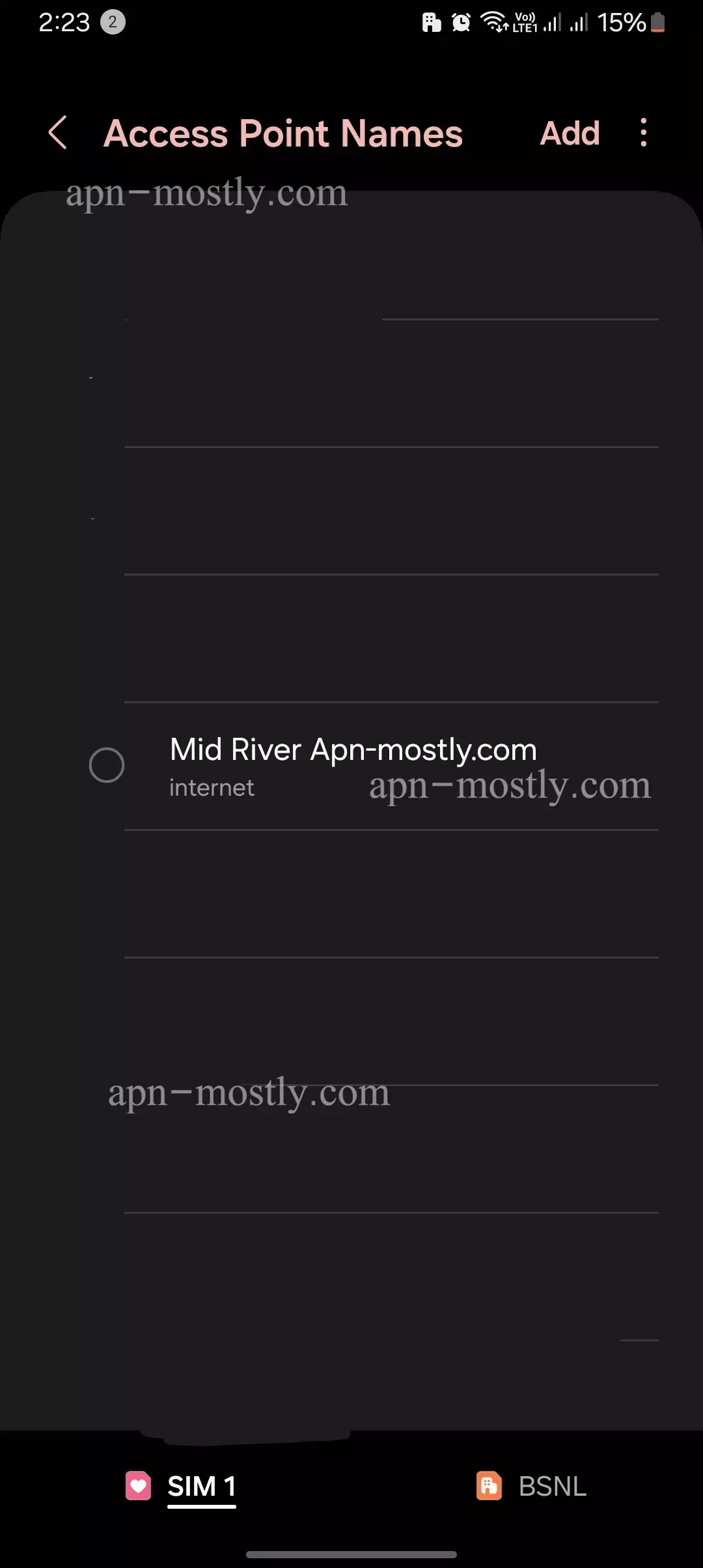 screenshot of mid river apn from internet settings