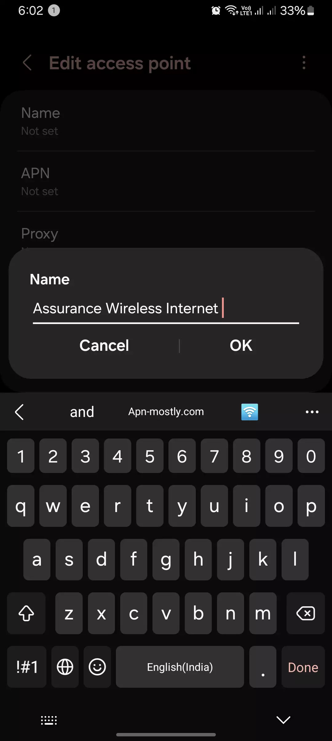 screenshot of naming the apn for assurance wireless