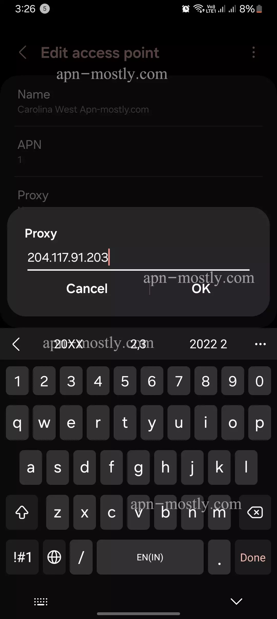screenshot of naming the internet configuration for carolina