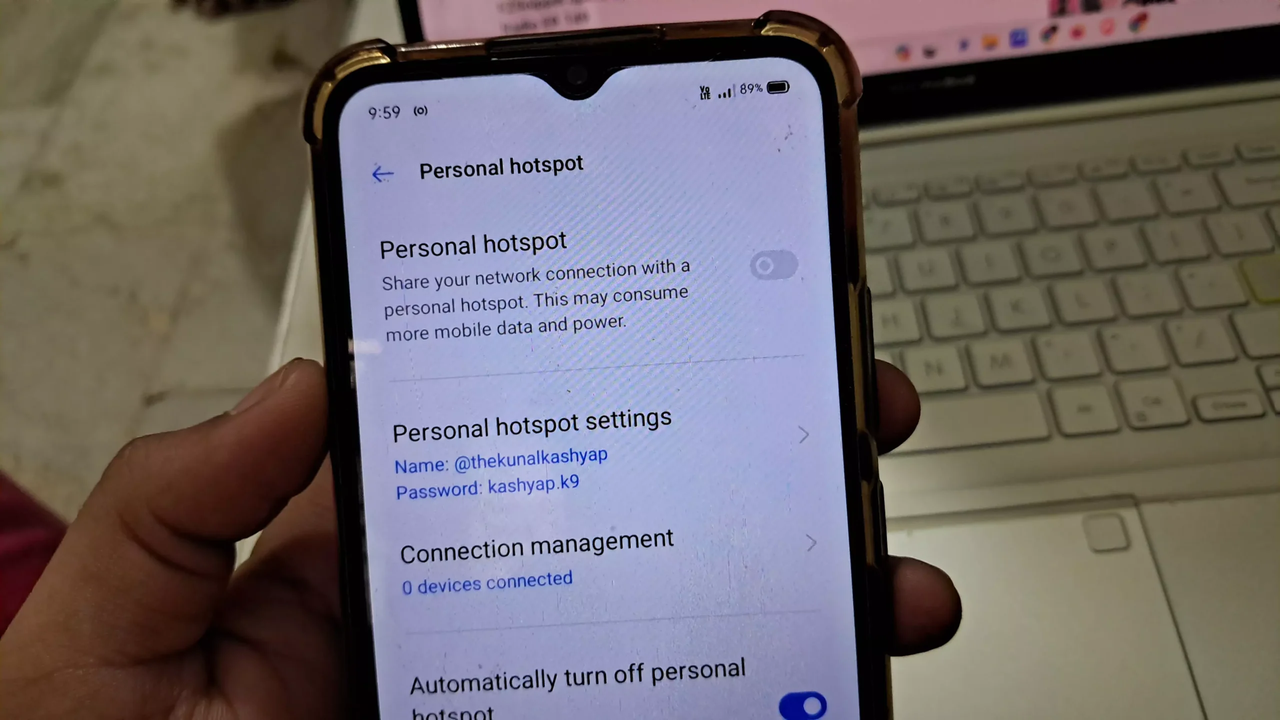screenshot of personal hotspot image with wifi id and password
