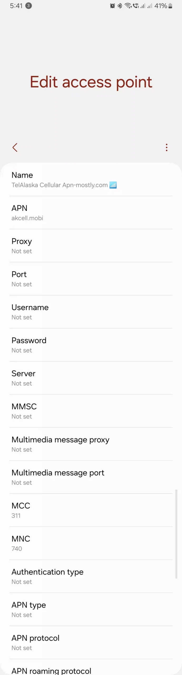 complete screenshot of configured of telalaska apn