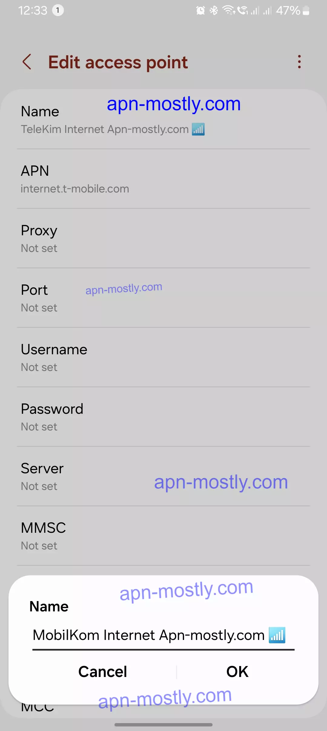 full screenshot of Mobilkom internet apn mostly
