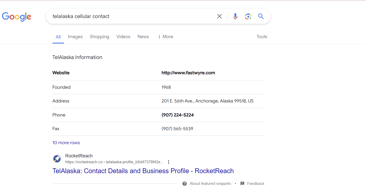 screenshot of google searched telalaska cellular contact