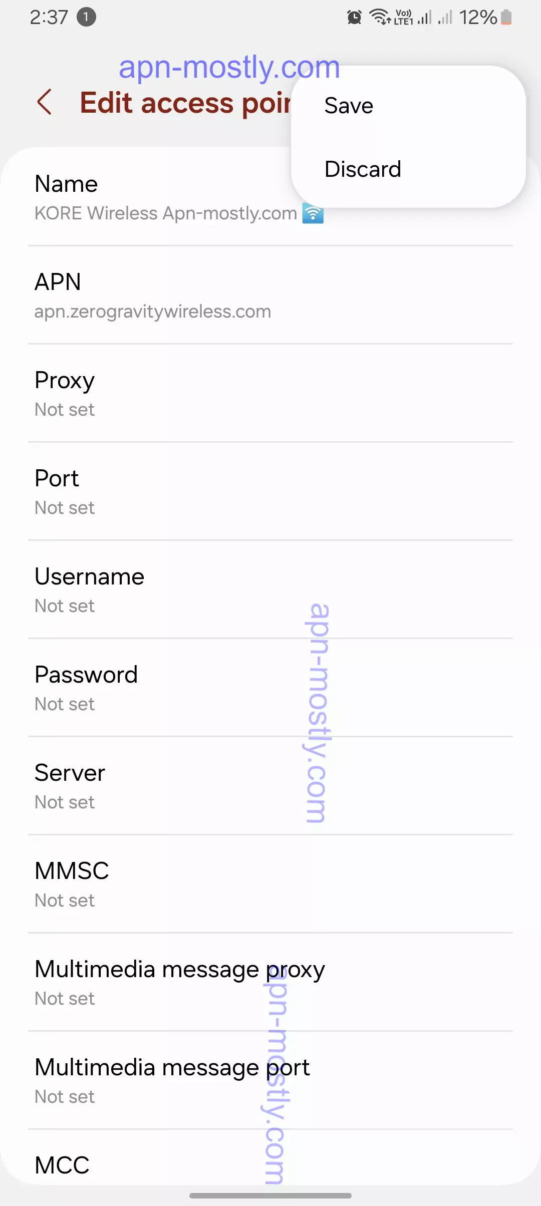 screenshot of saving the configured internet for kore wireless