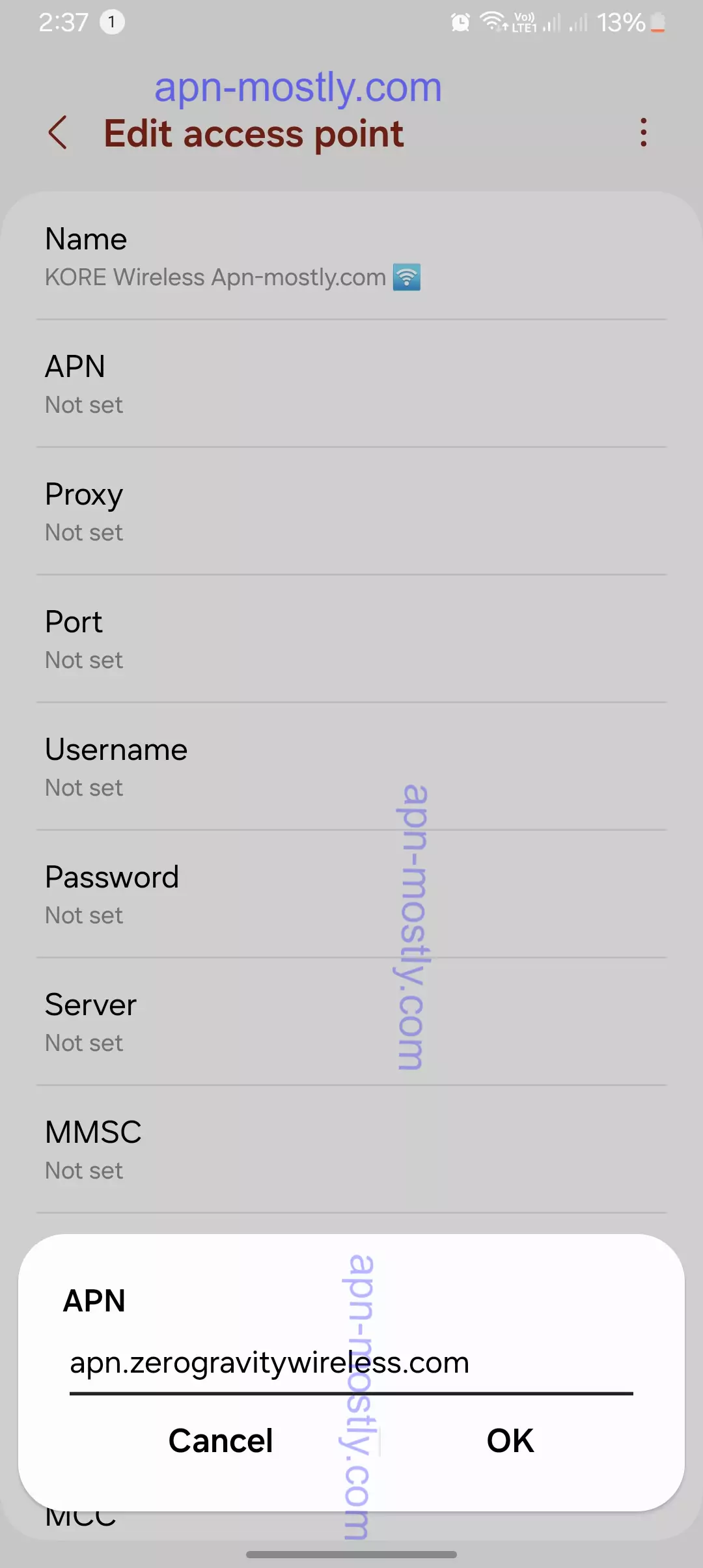 screenshot of adding the APN for the KORE Wireless