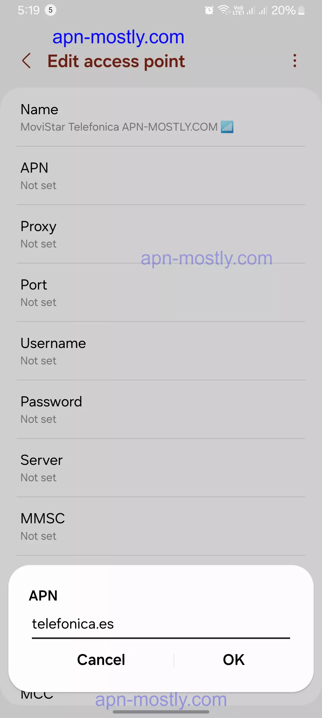 screenshot of adding the apn value for the telefonica