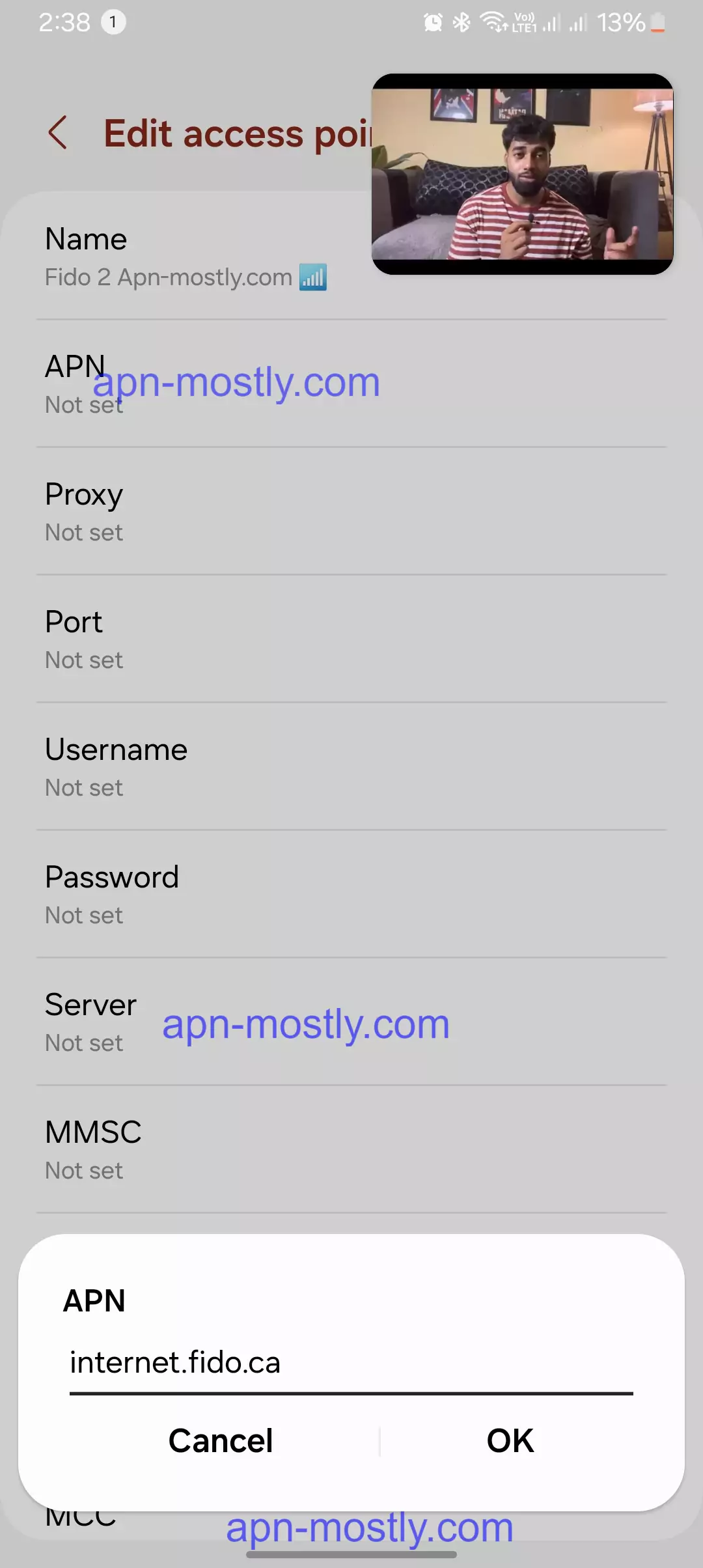screenshot of adding the internet apn for fido