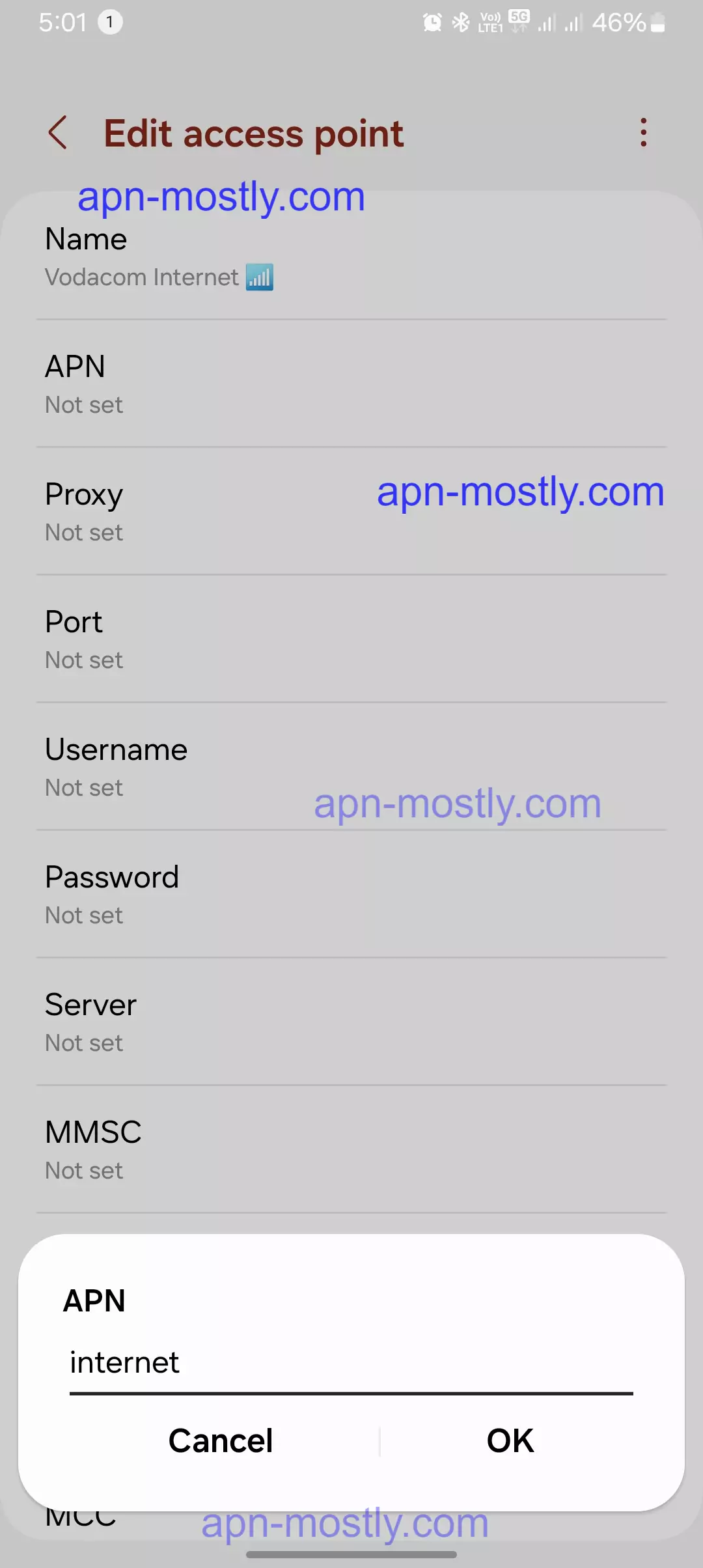 screenshot of adding the internet into the apn feild