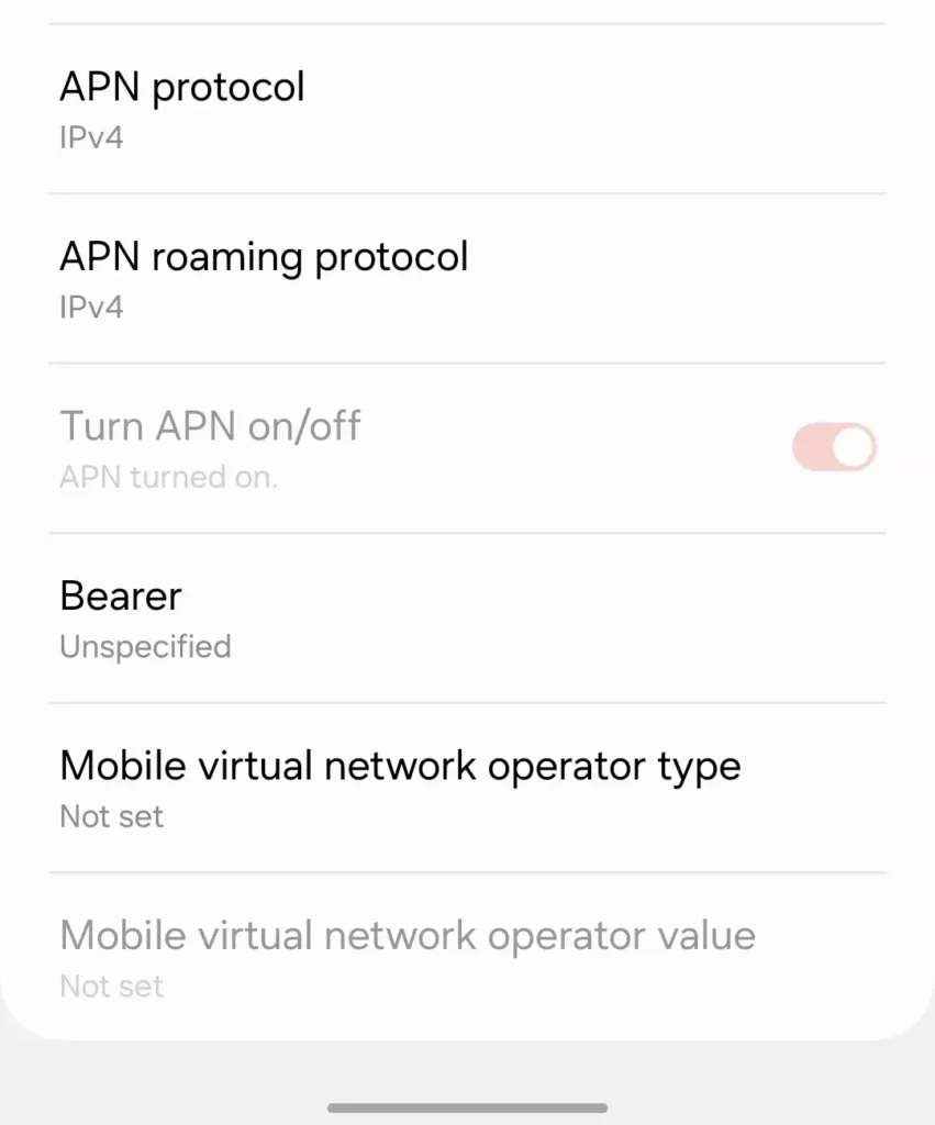 screenshot of apn protocol roaming and bearer