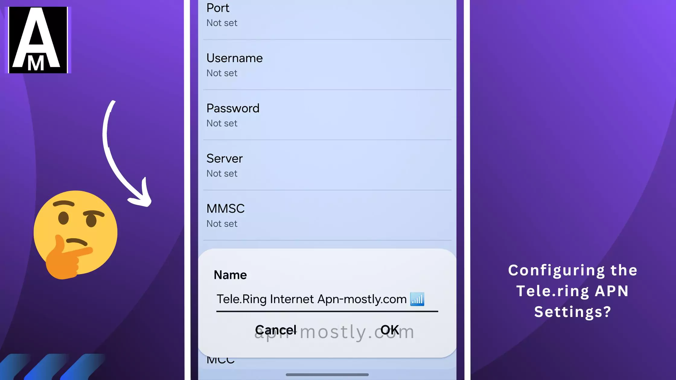 screenshot of configuring the Tele.ring apn with thinking emoji and same overlay text