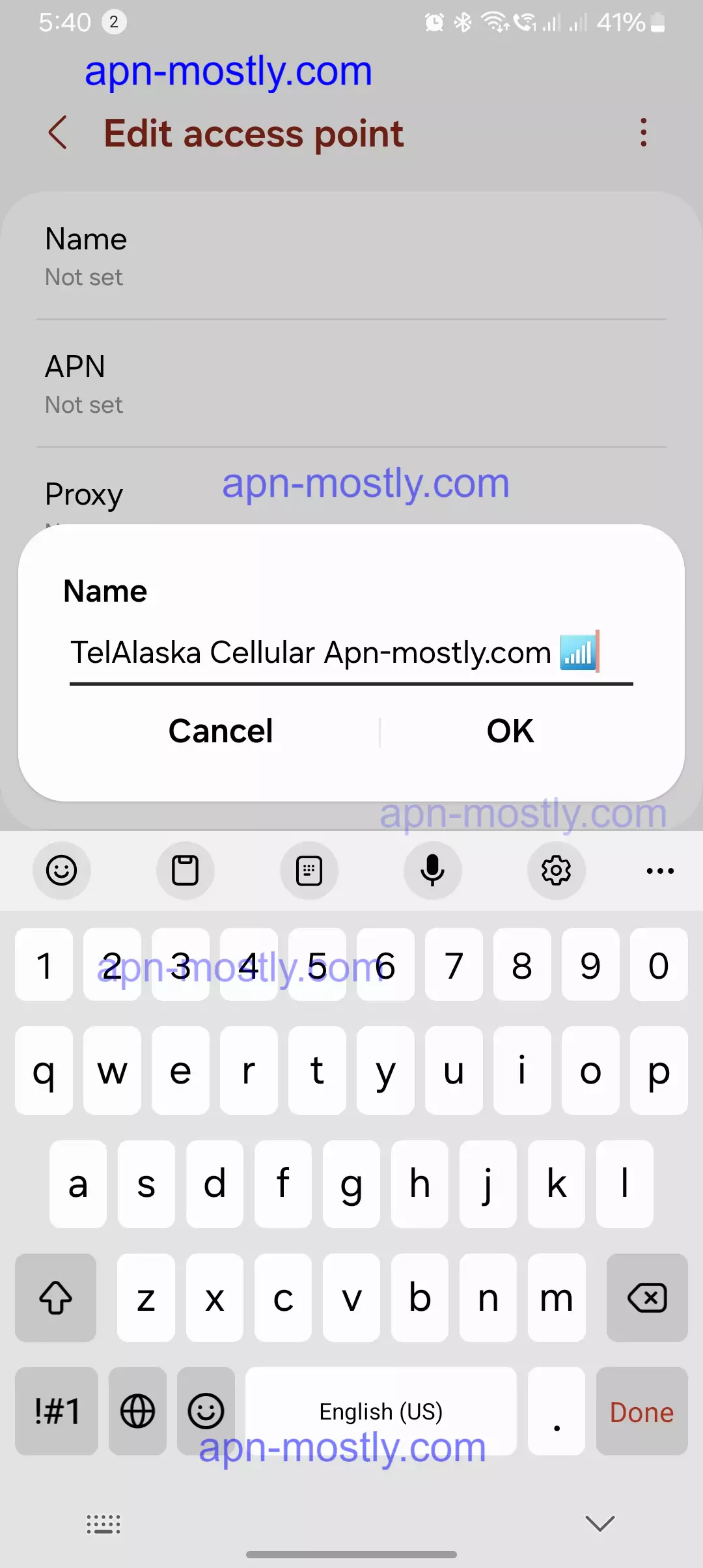 screenshot of naming the telalaska apn