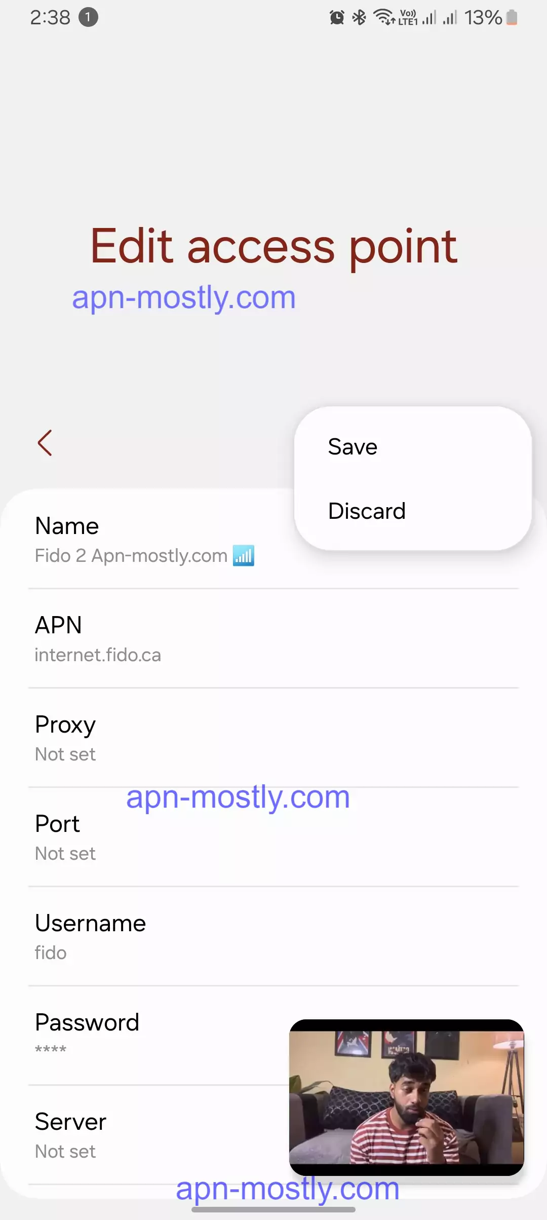 screenshot of saving the internet settings for fido