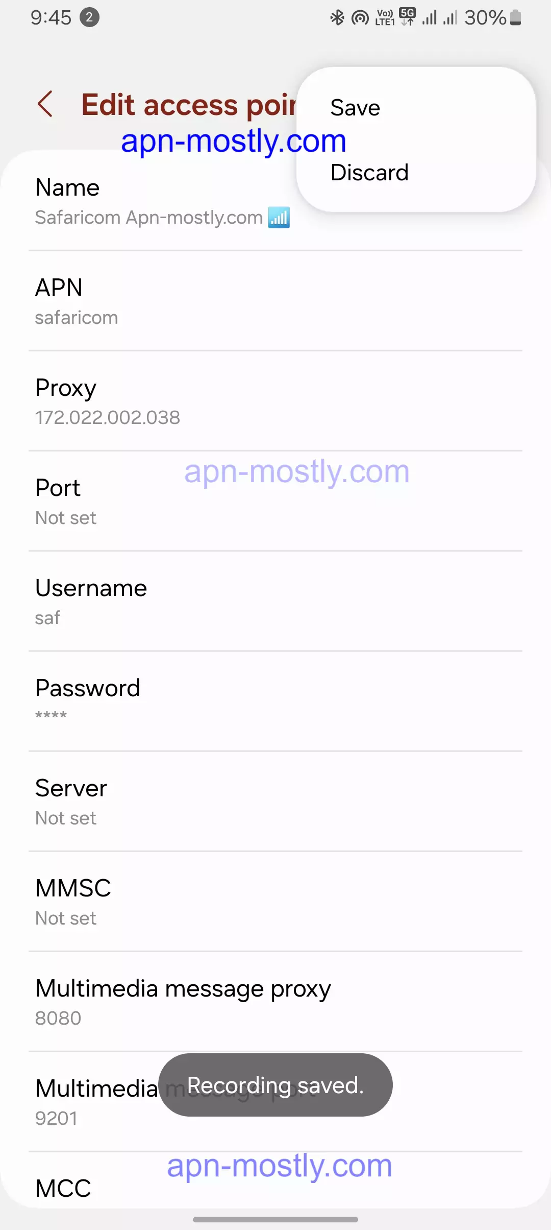 screenshot of saving the apn for beeline