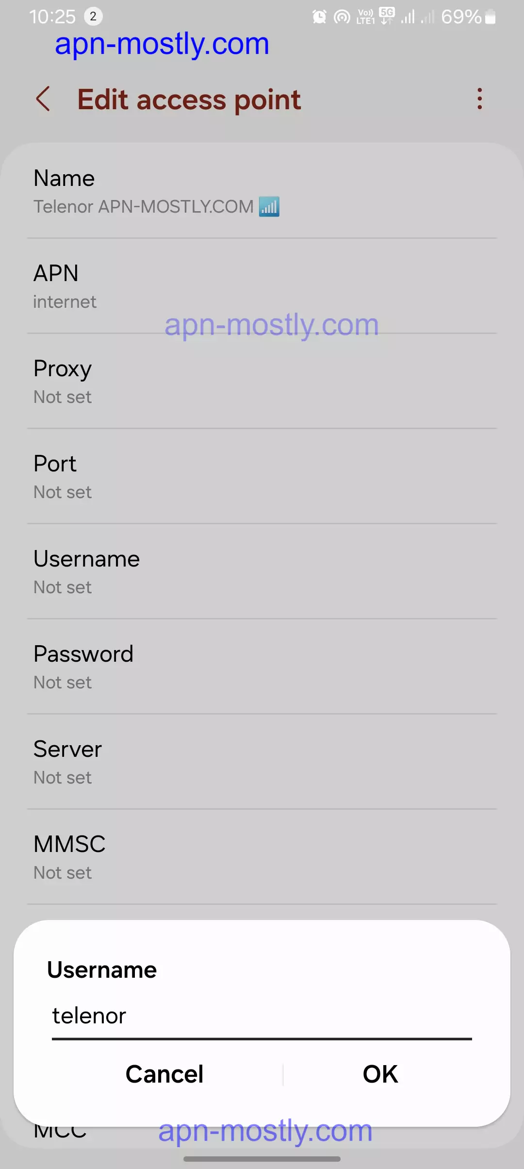 adding the username for the telenor apn