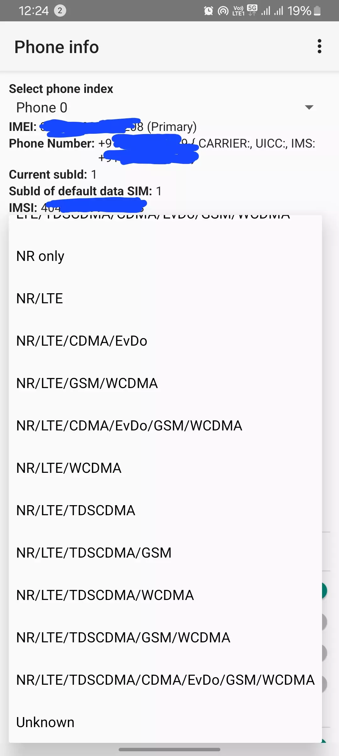 screenshot of phone info with all the network modes from selection