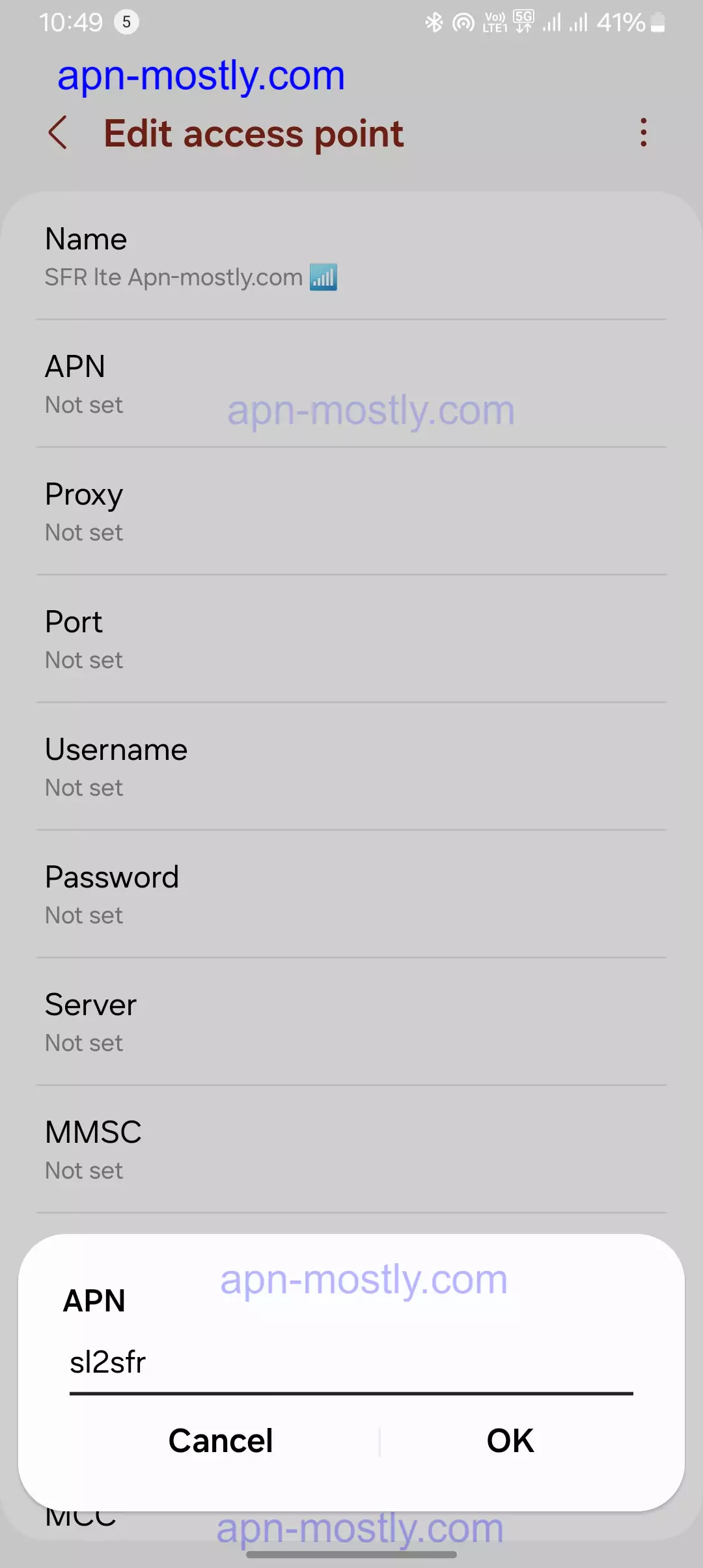 screenshot of adding the apn details for the SFR
