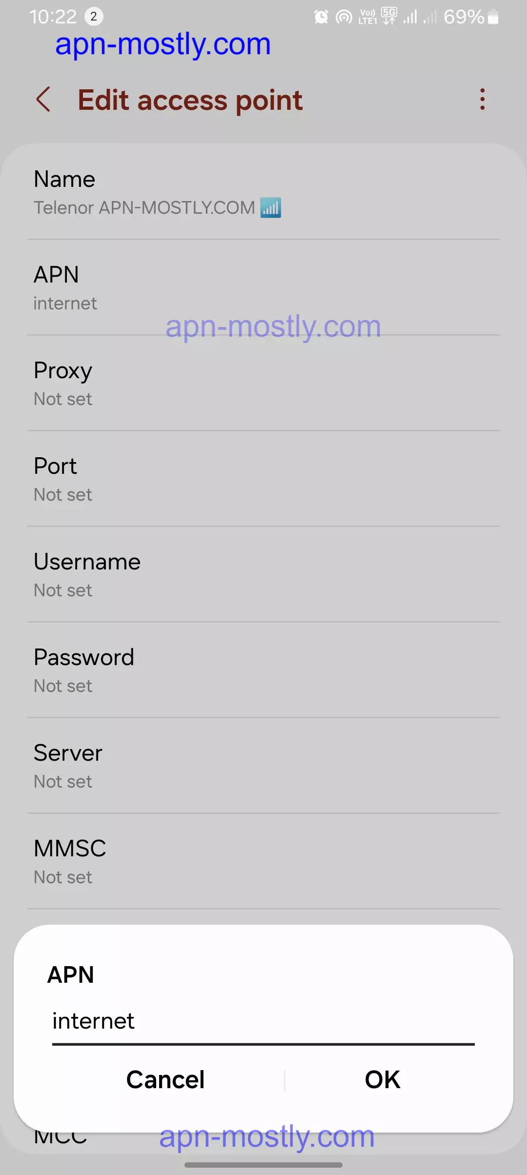 screenshot of adding the apn value to telenor