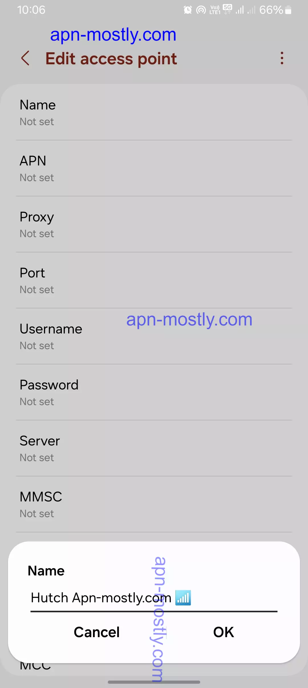 screenshot of adding the name into the apn for hutch