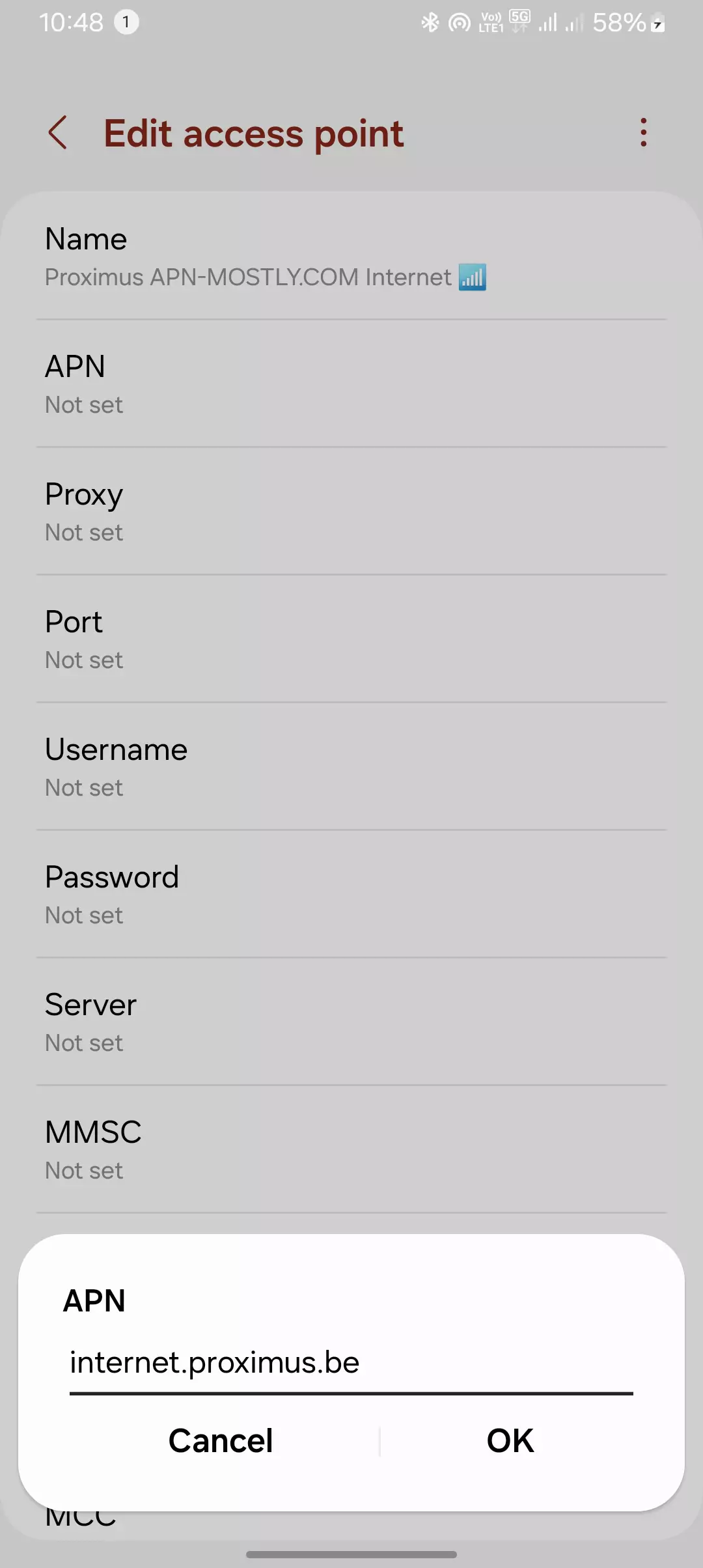 screenshot of adding the proximus apn
