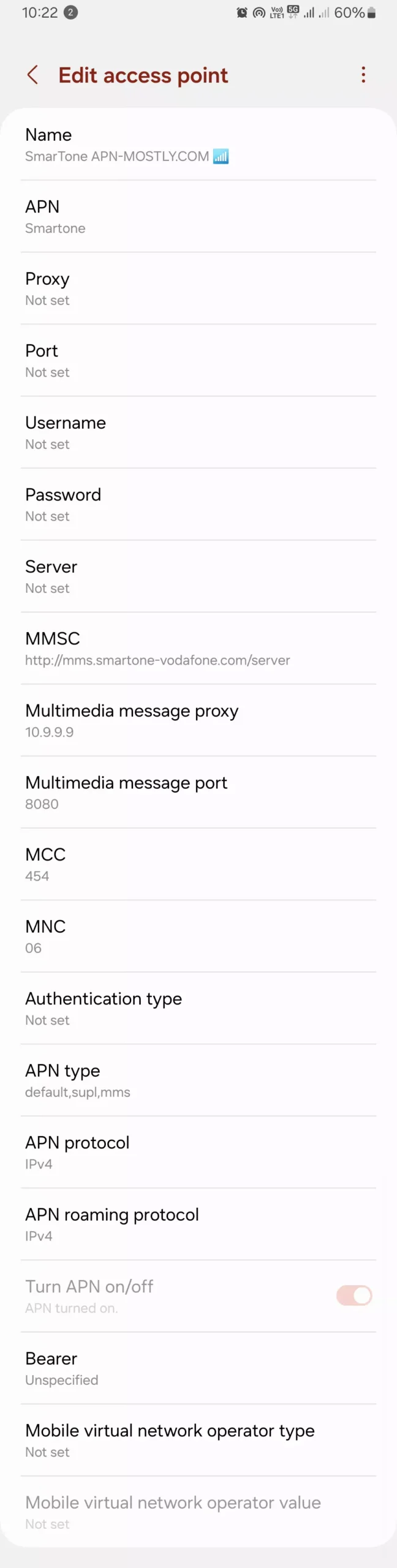 screenshot of complete apn settings for smartone